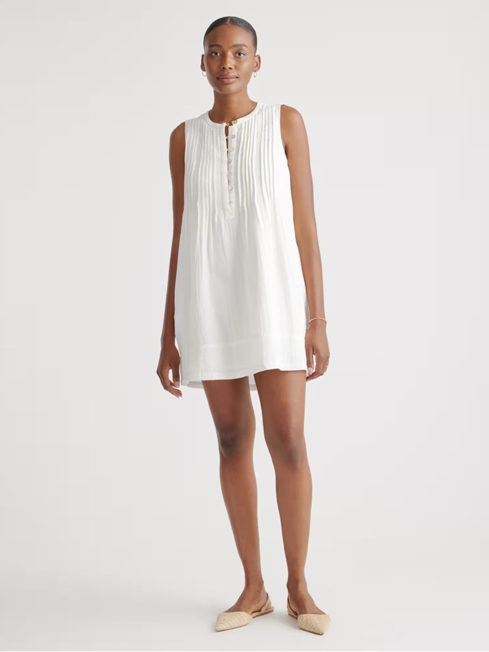 QUINCE Organic Linen Sleeveless Swing Dress in White, XL